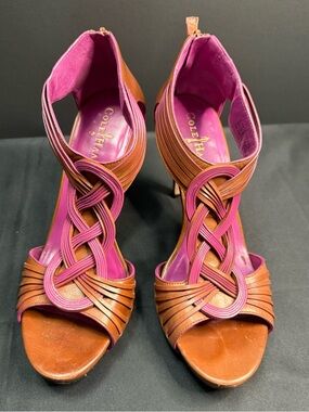 Cole Haan Woven Leather Brown Tan Pink Strappy Peep Toe Heel Comfortable 8.5